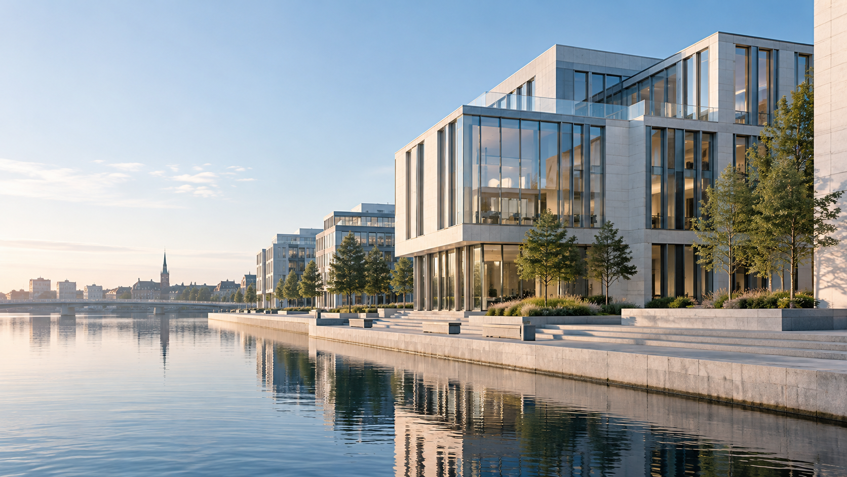 Illustrative contemporary European waterfront business district